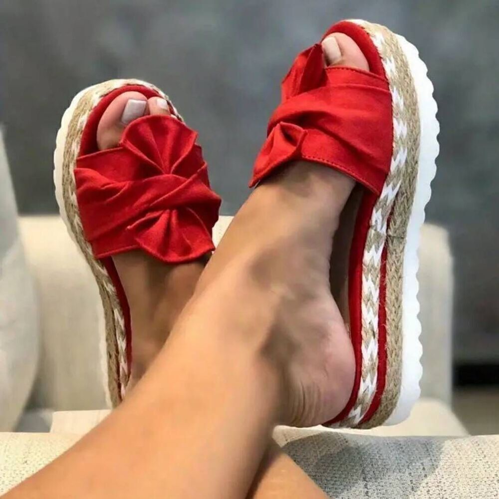 Women's Red Bow Tie Platform Fabric Slip On Shoes -M